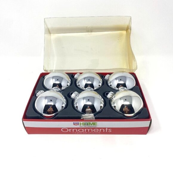 Vintage Rite Aid Glass Ball Christmas Ornaments 6 Silver Tree Decorations - Picture 2 of 5